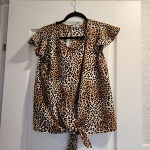 Green Envelope Animal Print Tie-Front Blouse Size L Euc